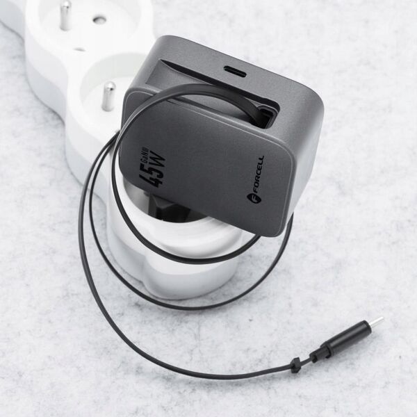Ładowarka sieciowa do telefonu Forcell F-Energy GaN USB C + zwijany kabel USB C PD QC4.0 3A 45W VT-R5 szara