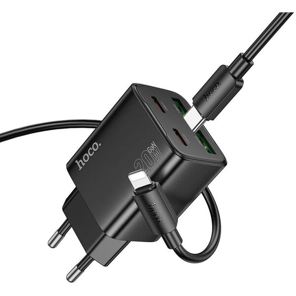 Ładowarka sieciowa do telefonu Hoco 2 x USB C + 2 x USB A QC3.0 PD 3A 20W + kabel USB C do Lightning N55 czarna