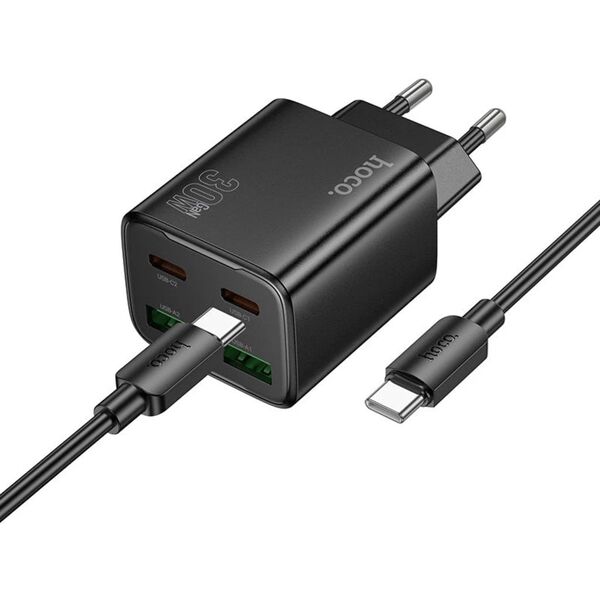 Ładowarka sieciowa do telefonu Hoco 2 x USB C + 2 x USB A QC3.0 PD 3A 30W + kabel USB C do USB C N56 czarna