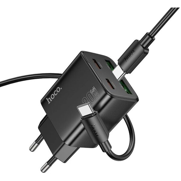 Ładowarka sieciowa do telefonu Hoco 2 x USB C + 2 x USB A QC3.0 PD 3A 30W + kabel USB C do USB C N56 czarna