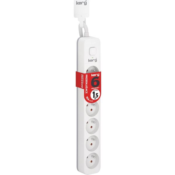 Kerg Przedłużacz KERG z wyłącznikiem-6 gniazd-biało-szary-1,5m-16A-H05VV-F-3x1,5mm2