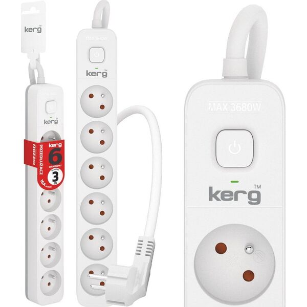 Kerg Przedłużacz KERG z wyłącznikiem-6 gniazd-biało-szary-3m-16A-H05VV-F-3x1,5mm2
