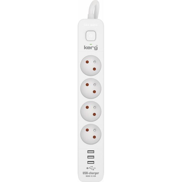 Kerg Urządz. zas.-zabezpiecz. KERG z wyłącznikiem-4 gniazda-3USB-biało-szary-5m-16A-H05VV-F-3x1,5mm2