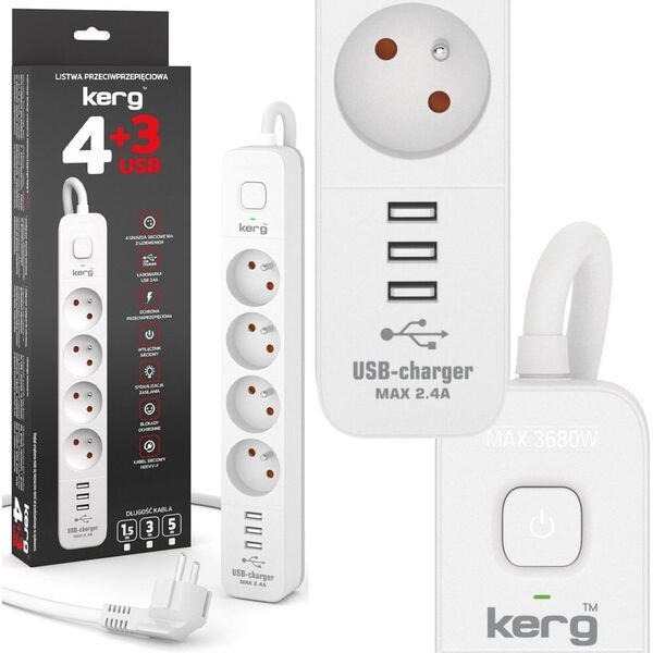 Kerg Urządz. zas.-zabezpiecz. KERG z wyłącznikiem-4 gniazda-3USB-biało-szary-5m-16A-H05VV-F-3x1,5mm2