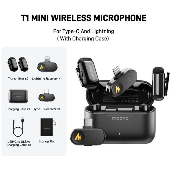 maono Wave T1 Mini (USB-C &amp| Lightning + Charge Case) Black (Juodi) Belaidžiai Mikrofonai