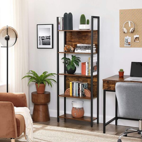 Regał do salonu loft rustykalny 5 półek stal czarna brązowe półki