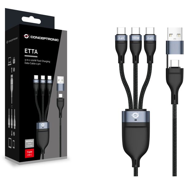 Conceptronic ETTA06B15C kabel USB USB 2.0 1,5 m USB A/USB C 3 x USB C Czarny