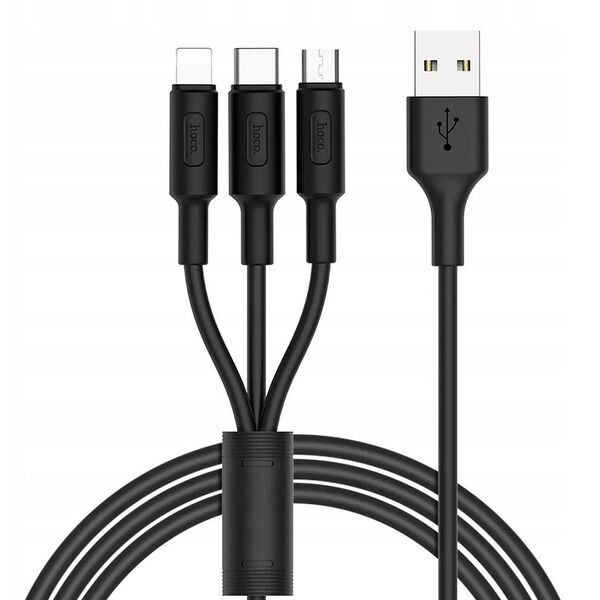 Kabel 3w1 USB A do Lightning / Micro USB / USB C Hoco 2A 1 m X25 czarny