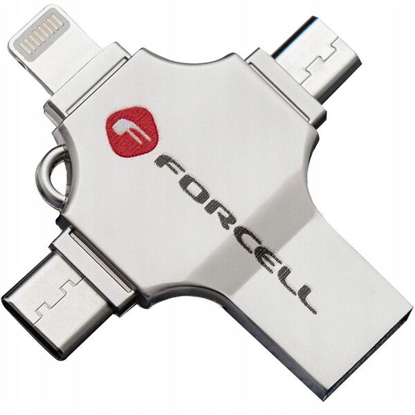 Pendrive 128GB USB 3.2 Gen 1 (USB A / USB C / Lightning / Micro USB) Forcell F-Data Metal Quad srebrny