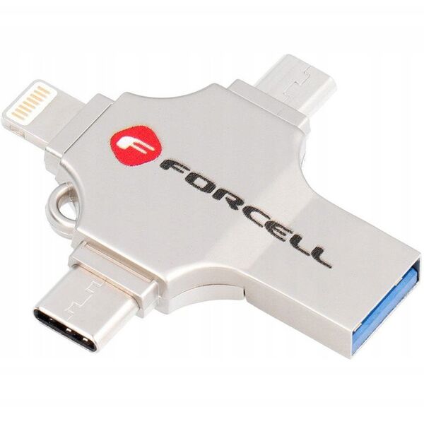 Pendrive 128GB USB 3.2 Gen 1 (USB A / USB C / Lightning / Micro USB) Forcell F-Data Metal Quad srebrny
