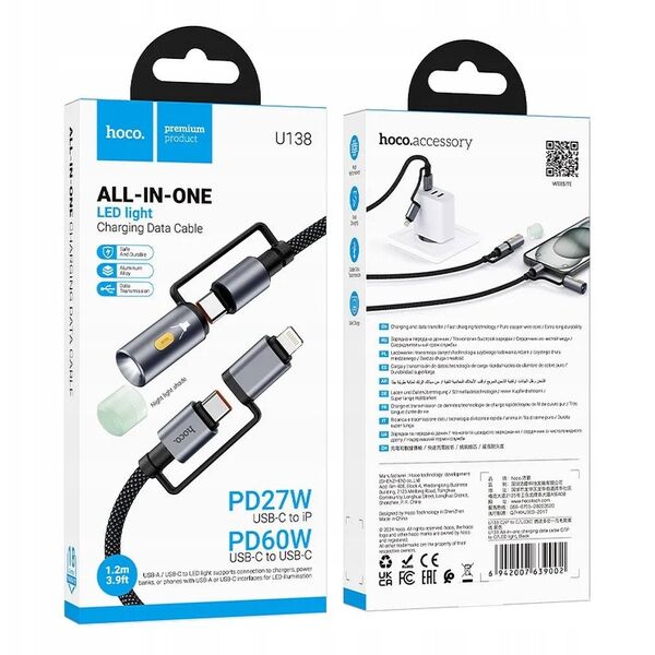 Kabel All-in-one USB C / Lightning do USB C / LED Light Hoco PD 3A 60W 1,2 m U138 czarny