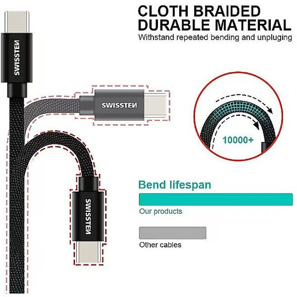 Swissten Textile Universal Quick Charge 3.1 USB-C Data and Charging Cable 20 cm