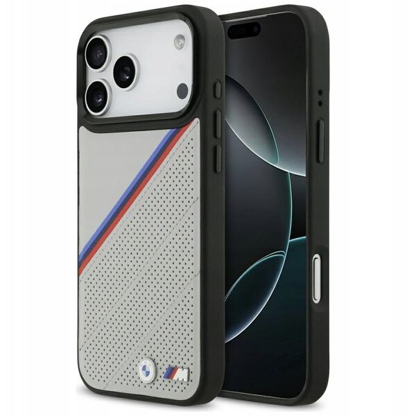 Etui BMW M Tricolor Metal Logo MagSafe do iPhone 17 Pro Max szary