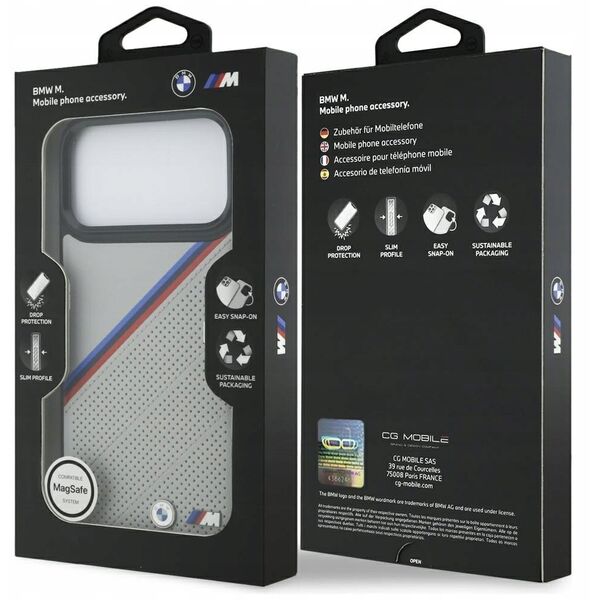 Etui BMW M Tricolor Metal Logo MagSafe do iPhone 17 Pro Max szary