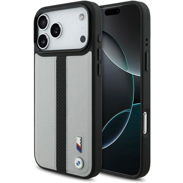 Etui BMW M Perforated Stripe Logo MagSafe do iPhone 17 Pro szary