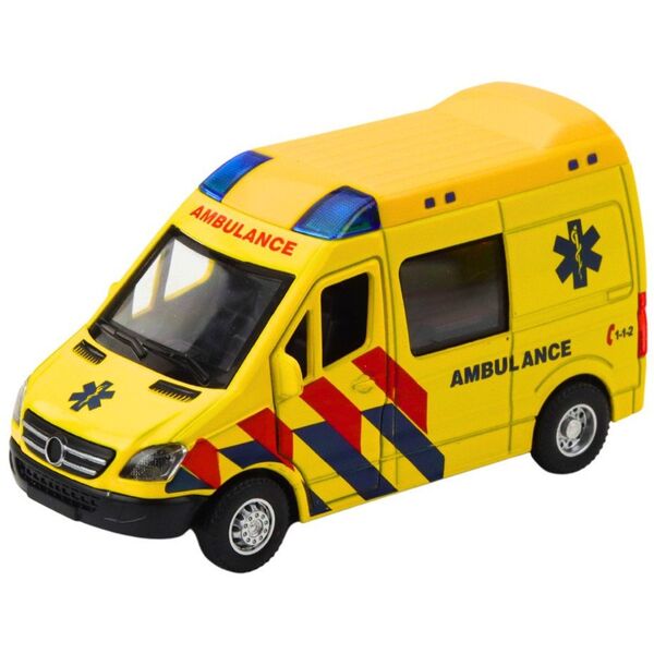 Karetka Ambulans Metalowy Z Napędem Pull Back Światła Dźwięki Żółty 1:32 EDUKAMP