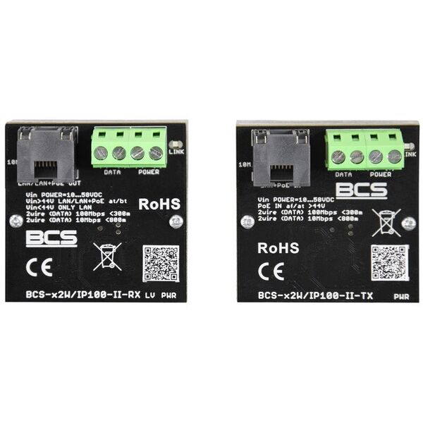 Zestaw aktywnych konwerterów do transmisji danych z sieci Ethernet oraz zasilania PoE BCS-X2W/IP100-II