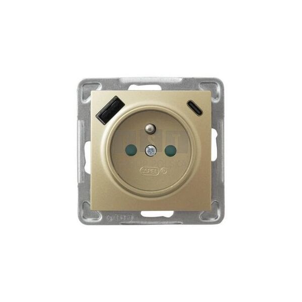 GP-1YZPUSBAC/m/28 IMPRESJA Gniazdo pojedyncze z uziemieniem z przesłonami torów prądowych, z ładowarką USB A+C złoty metalik GP-1YZPUSBAC/m/28
