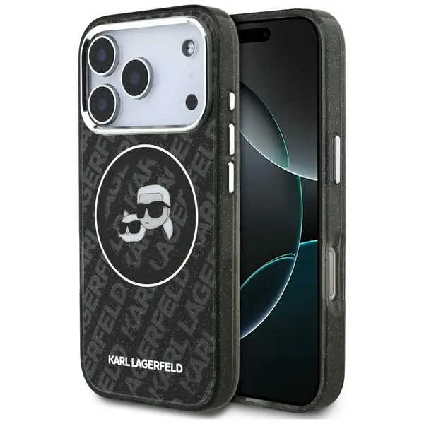 Etui Karl Lagerfeld IML Glitter Karl & Choupette Heads Logo MagSafe do iPhone 17 Pro czarny