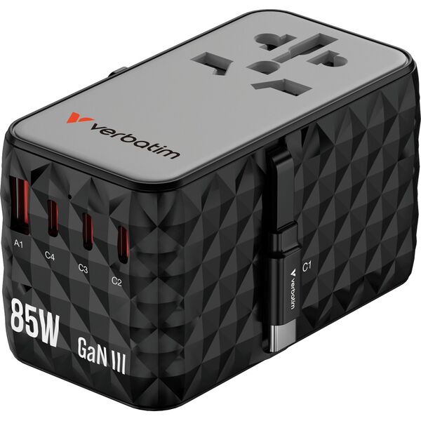 Verbatim Adapter podróżny Verbatim Charge 'n' Travel GaN III globalny 4xUSB-C PD 3.0 QC 4+ 70W, 1xUSB-A QC 4+ 60W
