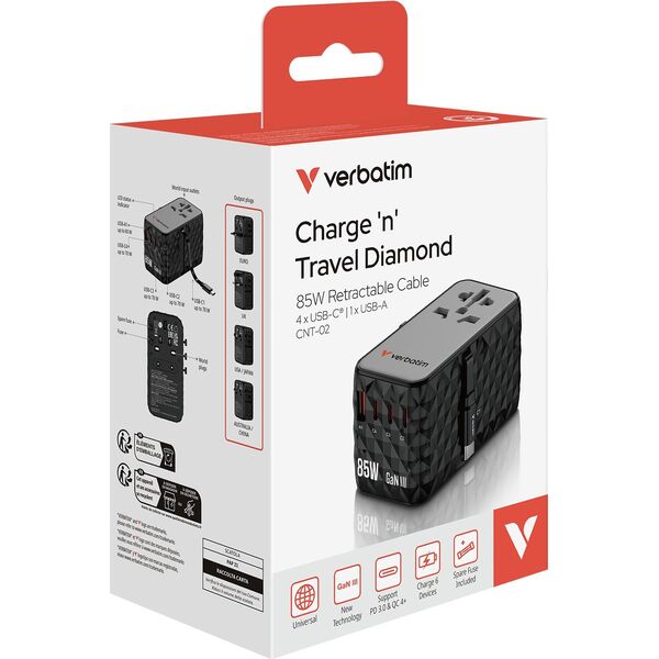 Verbatim Adapter podróżny Verbatim Charge 'n' Travel GaN III globalny 4xUSB-C PD 3.0 QC 4+ 70W, 1xUSB-A QC 4+ 60W