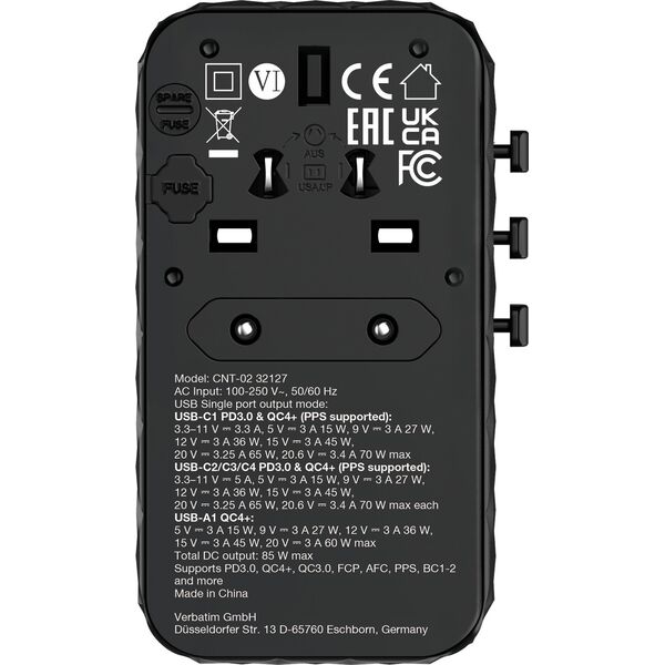 Verbatim Adapter podróżny Verbatim Charge 'n' Travel GaN III globalny 4xUSB-C PD 3.0 QC 4+ 70W, 1xUSB-A QC 4+ 60W