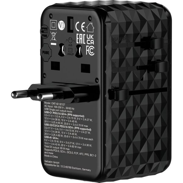 Verbatim Adapter podróżny Verbatim Charge 'n' Travel GaN III globalny 4xUSB-C PD 3.0 QC 4+ 70W, 1xUSB-A QC 4+ 60W