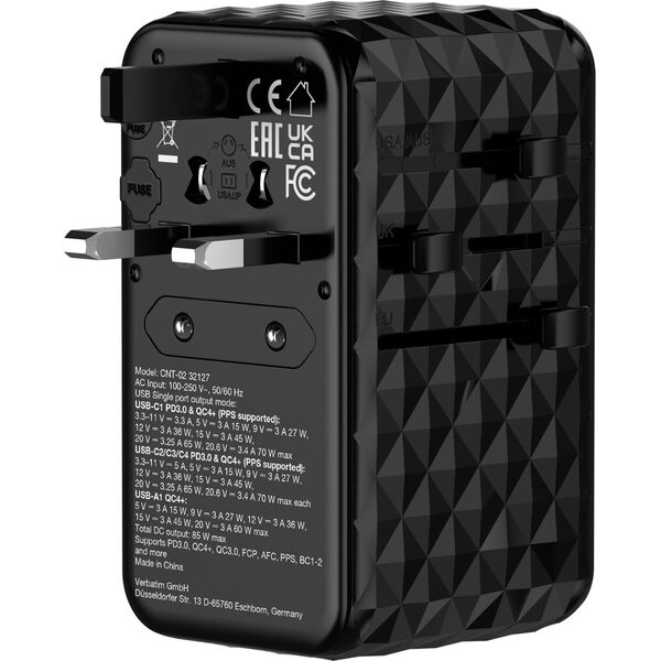 Verbatim Adapter podróżny Verbatim Charge 'n' Travel GaN III globalny 4xUSB-C PD 3.0 QC 4+ 70W, 1xUSB-A QC 4+ 60W