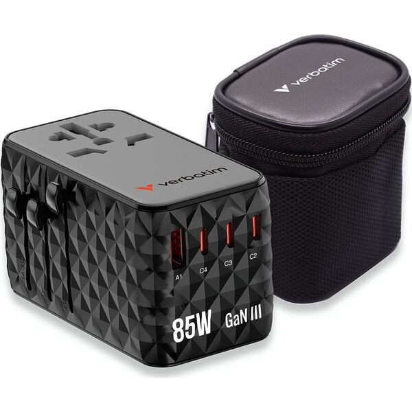 Verbatim Adapter podróżny Verbatim Charge 'n' Travel GaN III globalny 4xUSB-C PD 3.0 QC 4+ 70W, 1xUSB-A QC 4+ 60W