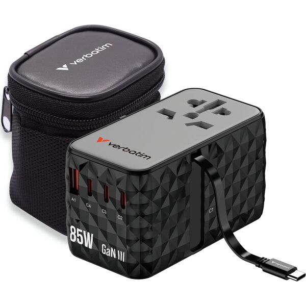 Verbatim Adapter podróżny Verbatim Charge 'n' Travel GaN III globalny 4xUSB-C PD 3.0 QC 4+ 70W, 1xUSB-A QC 4+ 60W