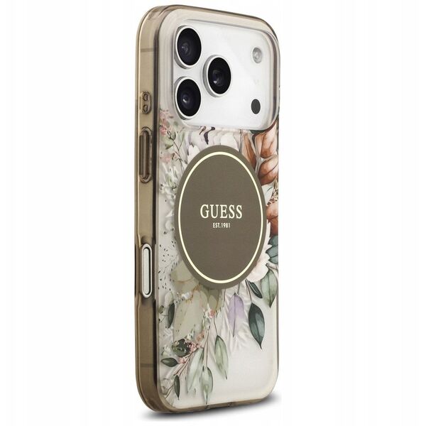 Etui Guess IML Flower & Tonal Circle MagSafe do iPhone 17 Pro brązowy