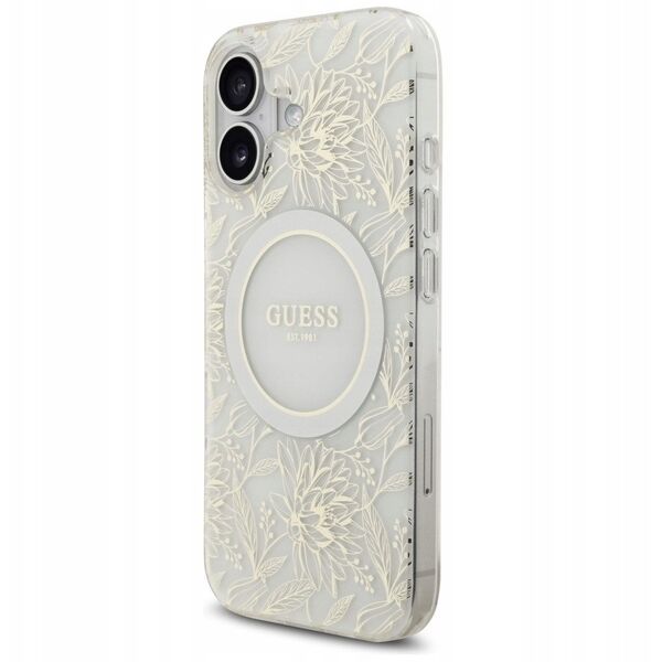 Etui Guess IML Flowers Electro Pearl Strap MagSafe do iPhone 17 biały