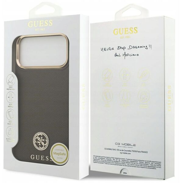 Etui Guess Grained Strass Logo MagSafe do iPhone 17 Pro Max brązowy
