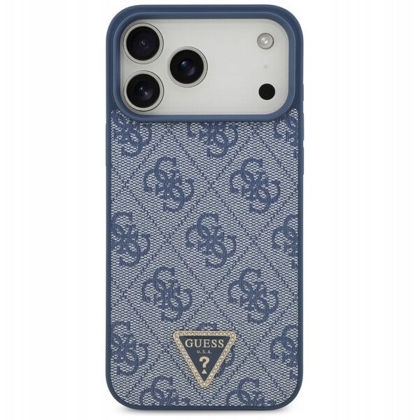 Etui Guess Leather 4G Triangle Strass MagSafe do iPhone 17 Pro Max niebieski