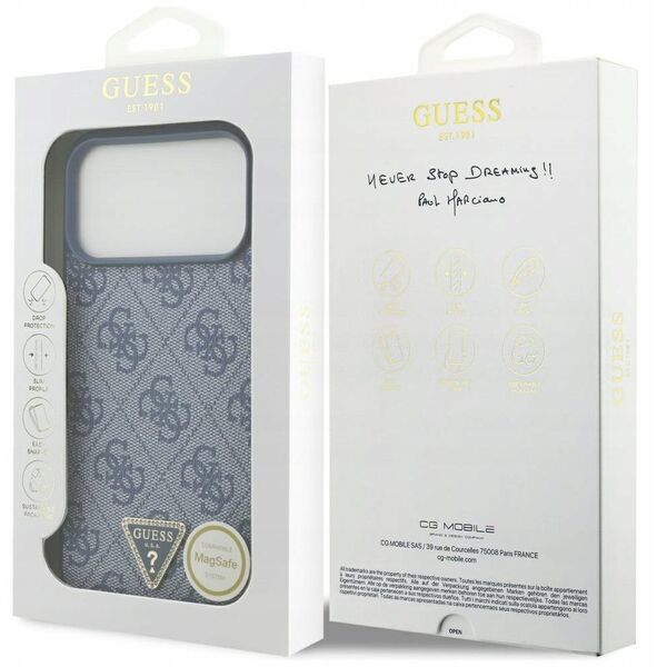 Etui Guess Leather 4G Triangle Strass MagSafe do iPhone 17 Pro Max niebieski
