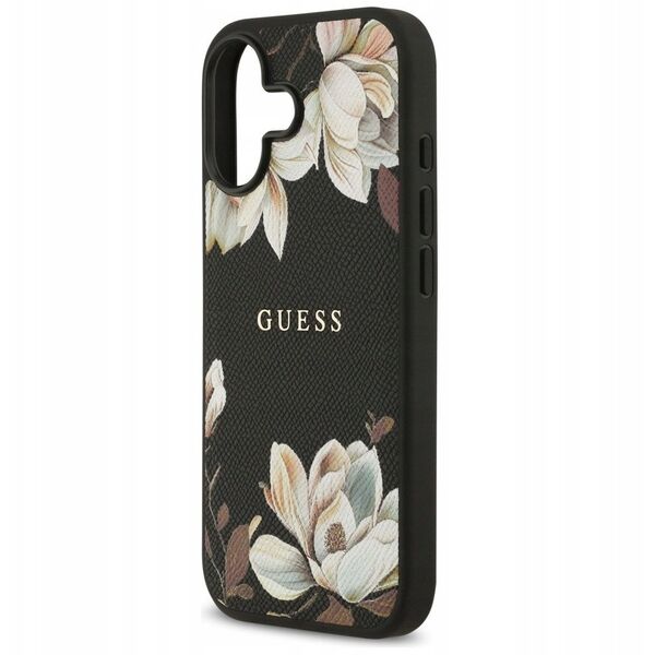 Etui Guess Grained Flowers Classic Logo MagSafe do iPhone 17 czarny