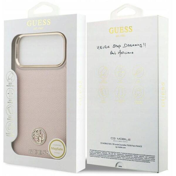 Etui Guess Grained Strass Logo MagSafe do iPhone 17 Pro Max różowy