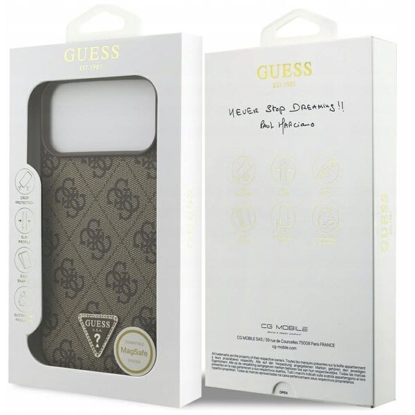 Etui Guess Leather 4G Triangle Strass MagSafe do iPhone 17 Pro Max brązowy