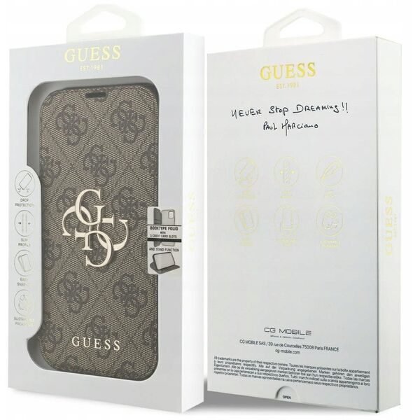 Etui Guess Book 4G Metal Logo do iPhone 17 Pro brązowy