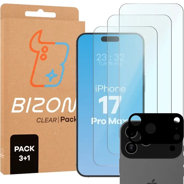 3x Szkło hartowane + szybka na aparat Bizon Glass Clear Pack do Apple iPhone 17 Pro Max