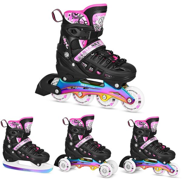NH10905 4w1 ŁYŻWOROLKI LED RÓŻOWE Z WYM. PŁOZĄ HOKEJOWĄ RAINBOW ROZM. L(39-42) NILS EXTREME