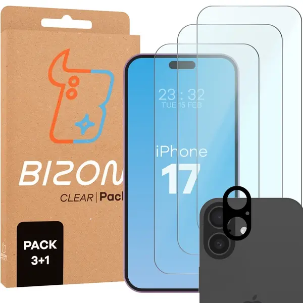 3x Szkło hartowane + szybka na aparat Bizon Glass Clear Pack do Apple iPhone 17