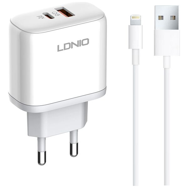 [product / manufacturer] Φορτιστής δικτύου LDNIO A2526C, 45W, 1 x Type-C F, 1 x USB F, PD, QC, PPS, Καλώδιο Lightning, λευκό - 40285 έως 12 άτοκες Δόσεις
