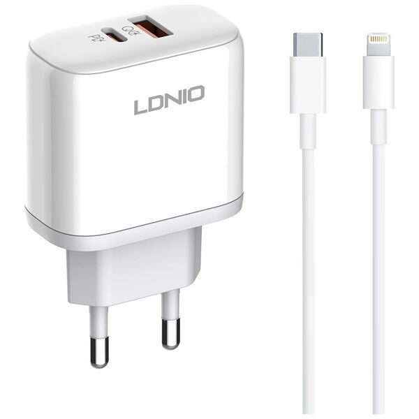 [product / manufacturer] Φορτιστής δικτύου LDNIO A2526C, 45W, 1 x Type-C F, 1 x USB F, PD, QC, PPS, Καλώδιο Type-C to Lightning, λευκό - 40288 έως 12 άτοκες Δόσεις