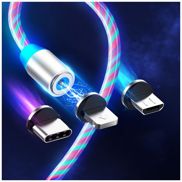 Techsuit Cablu de Incarcare Magnetic USB la Type-C, Micro-USB, Lightning 1m - Techsuit LED Flowing - White 5949419058675 έως 12 άτοκες Δόσεις