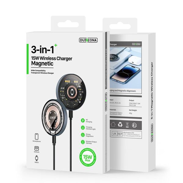 Duzzona Duzzona - Wireless Charger 3in1 (W13) - for iPhone, Apple Watch, AirPods Pro, 15W - Transparent 6934913026281 έως 12 άτοκες Δόσεις