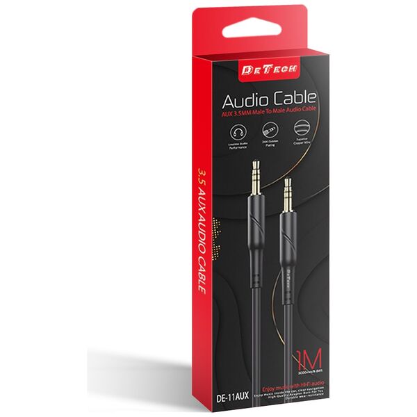 Καλώδιο ήχου DeTech DE-11AUX, υποδοχή 3.5mm, M/M, 1.0m, Μαύρο - 40277