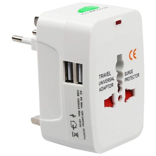 Universal travel adapter - charger No brand, 2xUSB, 1.0A, EU/US/UK/AU to EU/US/UK/AU, 220V, White - 17708