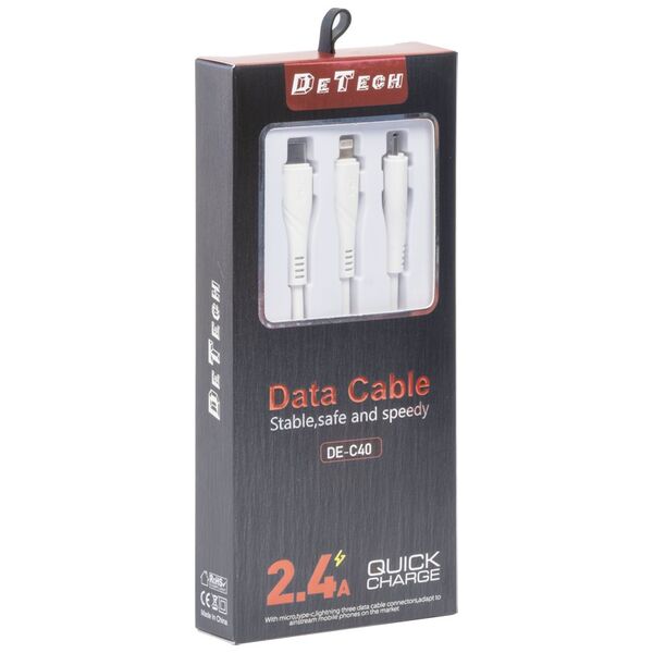 Καλώδιο φόρτισης DeTech DE-C40, 3in1, Type-C, Micro USB, Lightning, 1.2m, Λευκο - 40203