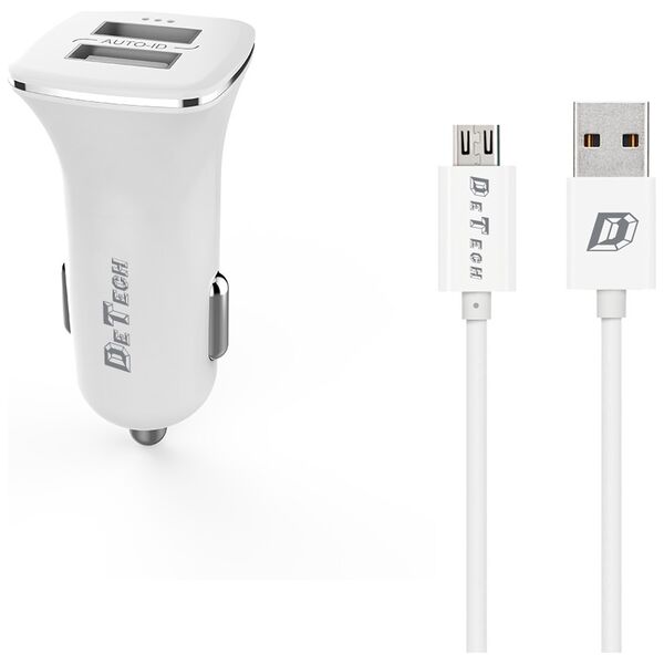 Φορτιστής αυτοκινήτου DeTech, DE-C01M, 5V/2.4A, 12/24V, Με Micro USB καλώδιο, 2 x USB, Λευκο - 14124